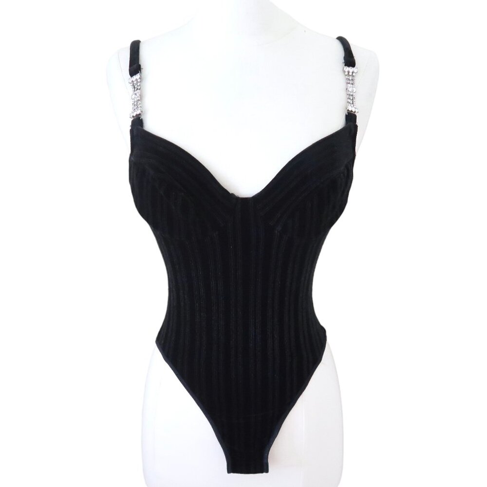 vtg ON GOSSAMER striped stretch velvet bodysuit sz S